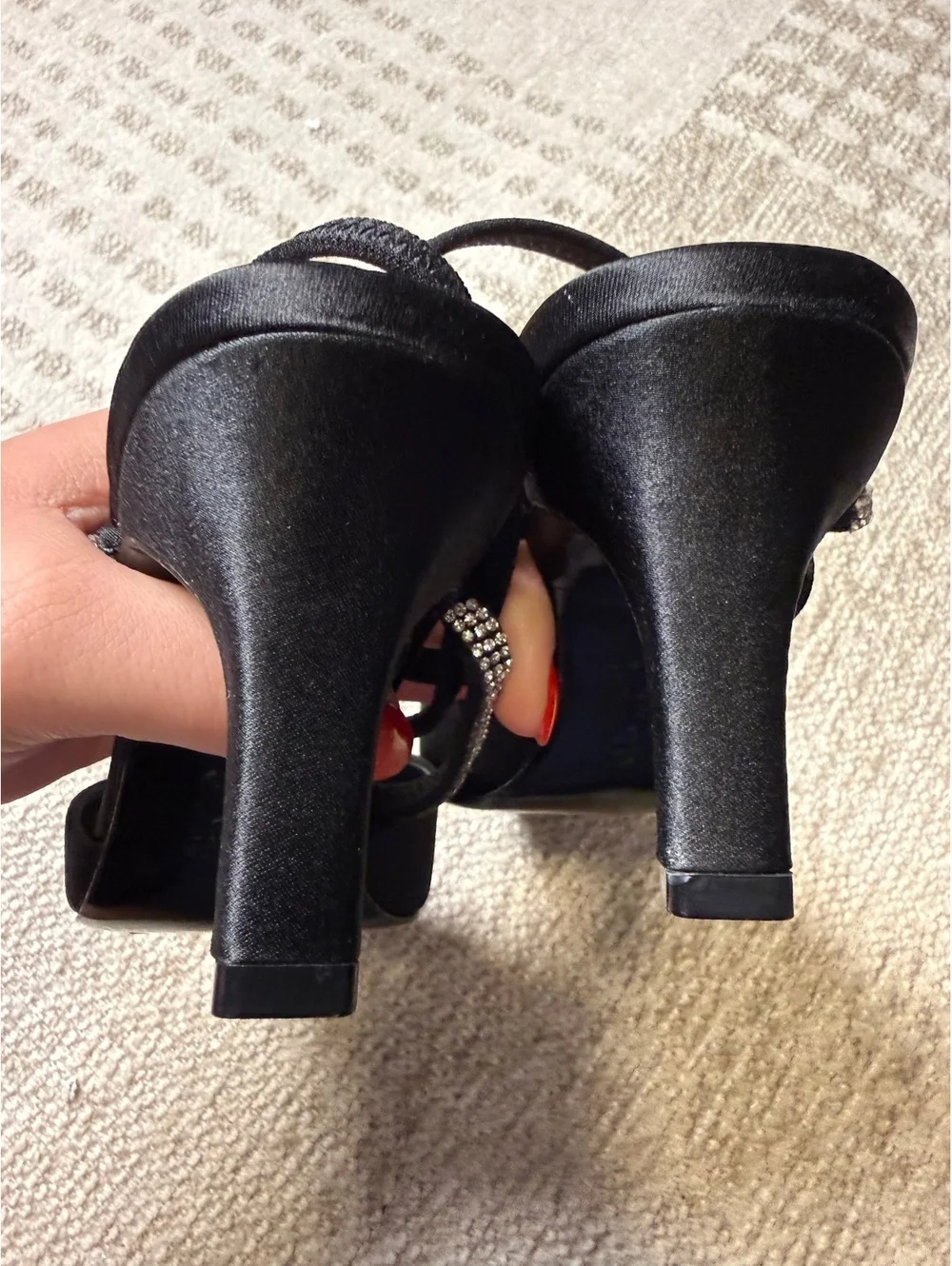 Nina New York Black Satin Slingback Heels with Rhinestone Strap